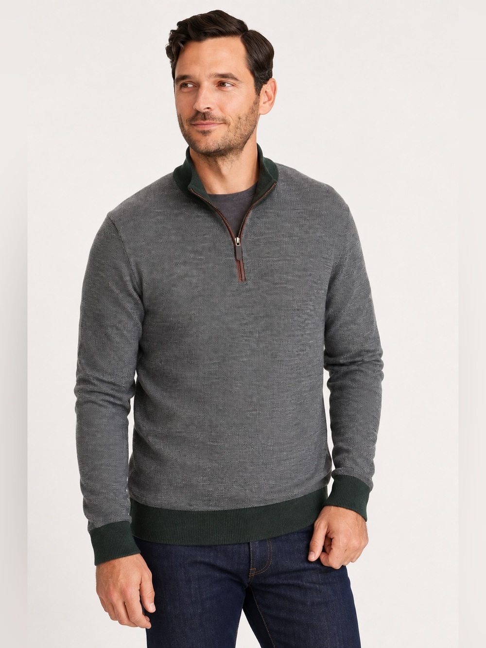 UNTUCKit Birdseye 100% Merino Wool Quarter Zip Sweater Gray Green Large